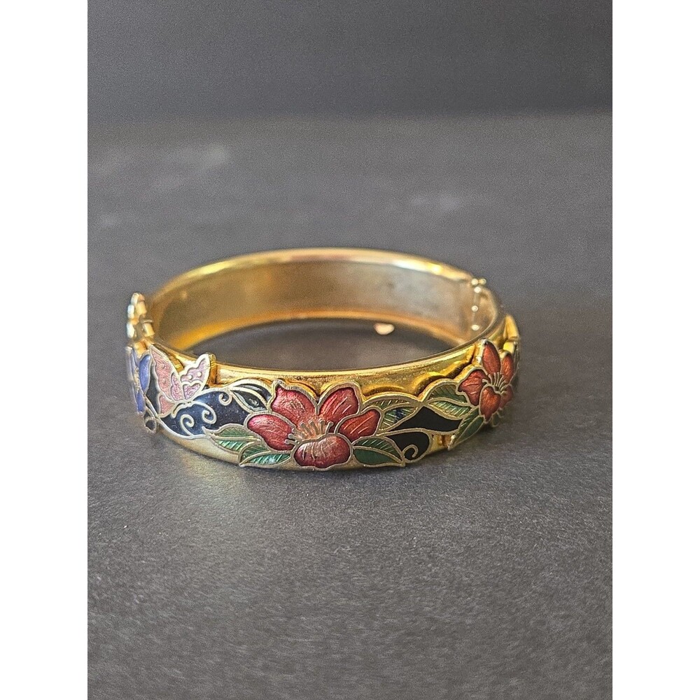 Vintage Cloisonne Goldtone Enamel Hinged Raised Butterflies Floral Bracelet